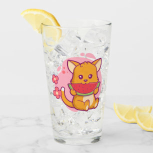 Cute Cat Eating Watermelon Kawaii Glass