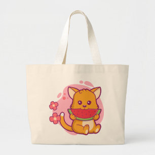 Cute Cat Eating Watermelon Kawaii Large Tote Bag