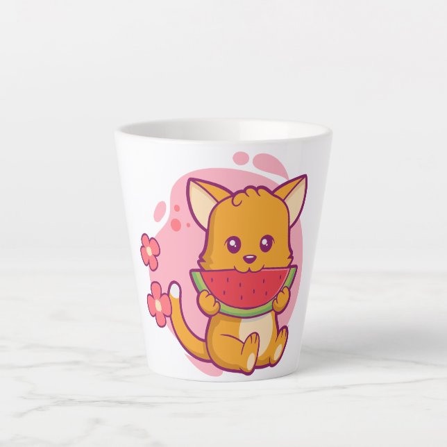 Cute Cat Eating Watermelon | Kawaii Latte Mug (Front)