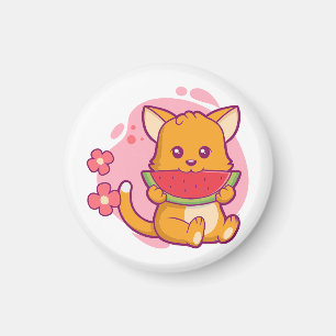 Cute Cat Eating Watermelon   Kawaii Magnet