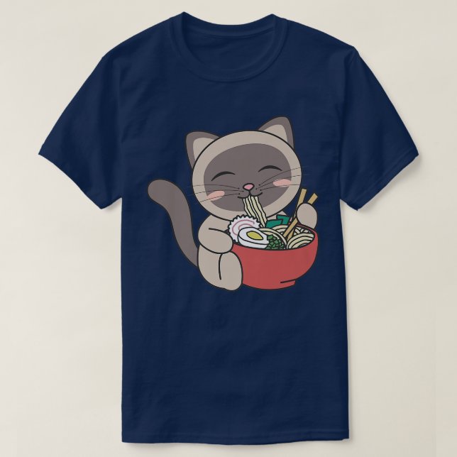 Cute Cat Eats Ramen Noodles kawaii Anime Siamese C T-Shirt (Design Front)
