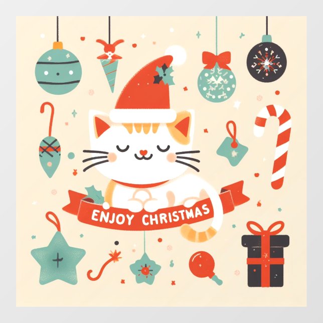 Cute Cat Enjoy Christmas season  Window Cling (Sheet)