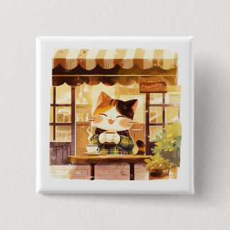 Cute Cat Enjoying Coffee at Cosy Cafe 15 Cm Square Badge