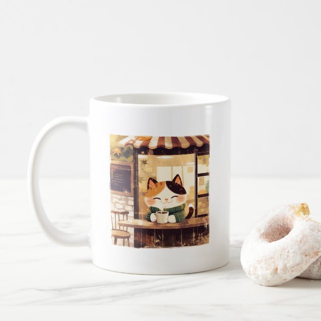 Cute Cat Enjoying Coffee at Cosy Cafe Mug (With Donut)