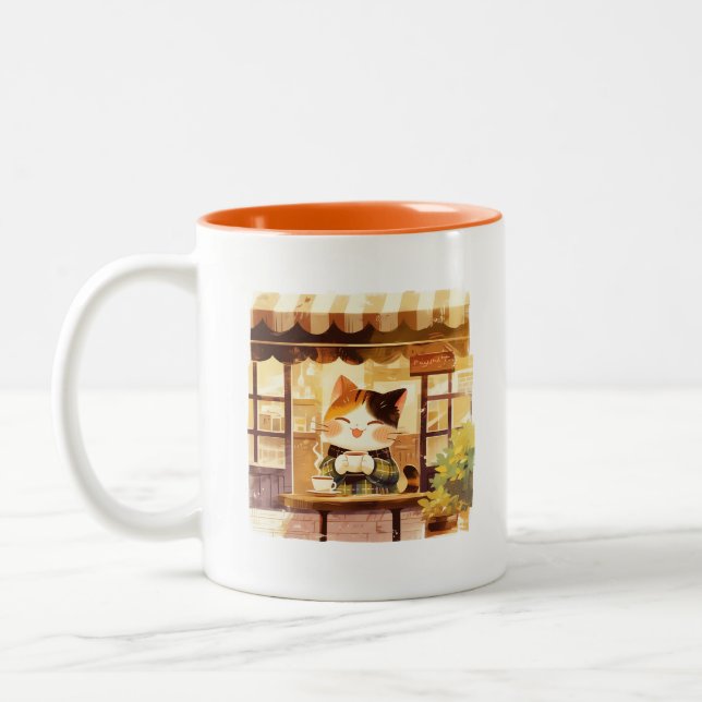 Cute Cat Enjoying Coffee at Cosy Cafe Two-Tone Coffee Mug (Left)
