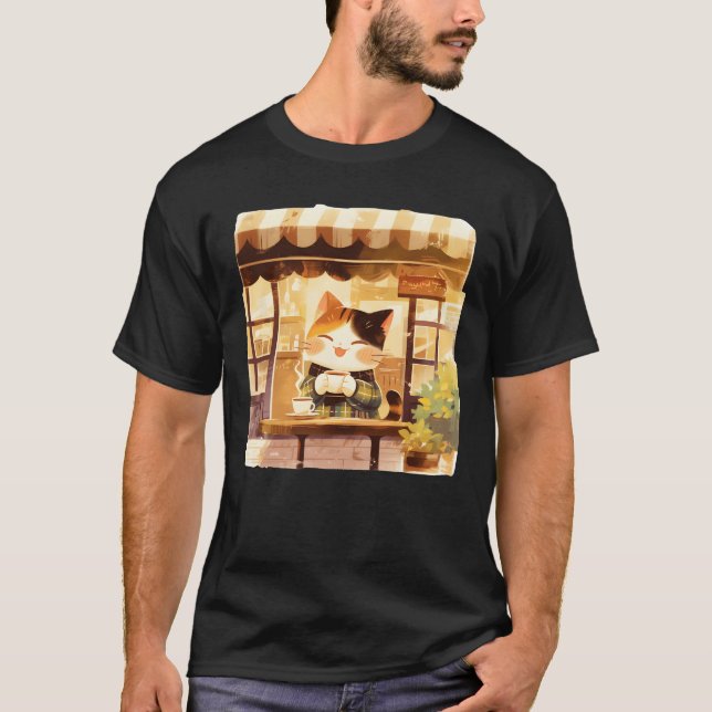 Cute Cat Enjoying Coffee at Cozy Cafe Illustration T-Shirt (Front)