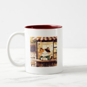 Cute Cat Enjoying Coffee at Cozy Cafe Two-Tone Coffee Mug