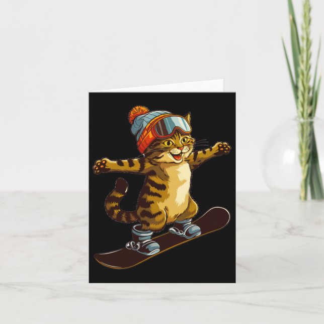 Cute Cat Enjoying Snowboarding Fun  Card (Front)