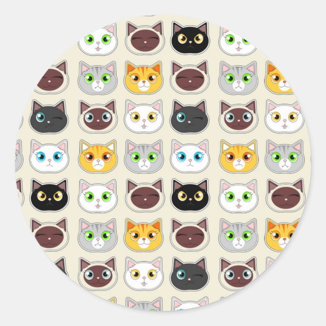 Cute Cat Expressions Pattern Classic Round Sticker (Front)