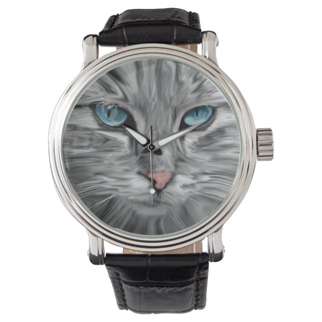 Cute Cat Eyes Face Water Colour Oil Painting Art Watch (Front)