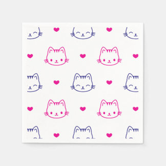 Cute Cat Face and Hearts Pattern Drawing Cocktail Napkin