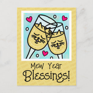 Cute Cat Face Champagne Toast New Years  Holiday Postcard