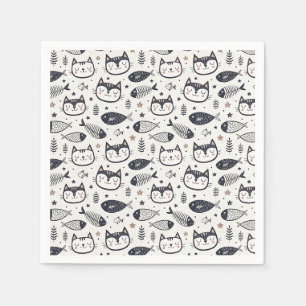 Cute Cat Face & Fish Bones Pattern - Kids Design Napkin