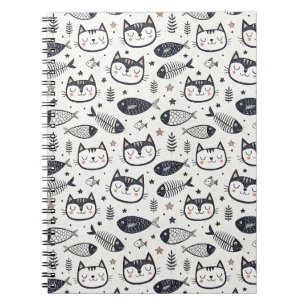 Cute Cat Face & Fish Bones Pattern - Kids Design Notebook