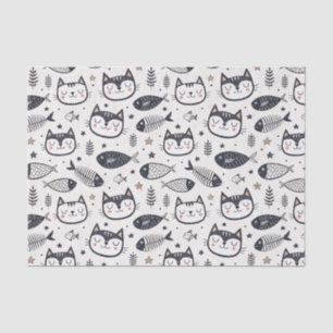 Cute Cat Face & Fish Bones Pattern - Kids Design Tissue Paper