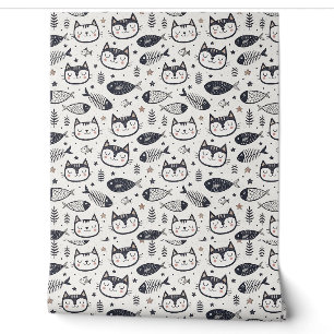 Cute Cat Face & Fish Bones Pattern - Kids Design Wallpaper
