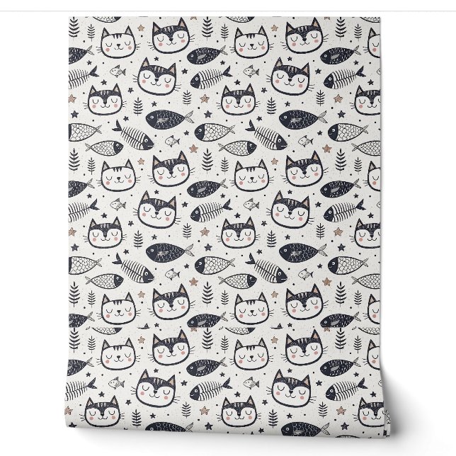 Cute Cat Face & Fish Bones Pattern - Kids Design Wallpaper (Unrolling)