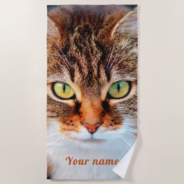 Cute cat face for cat lovers with custom name beach towel (Front)