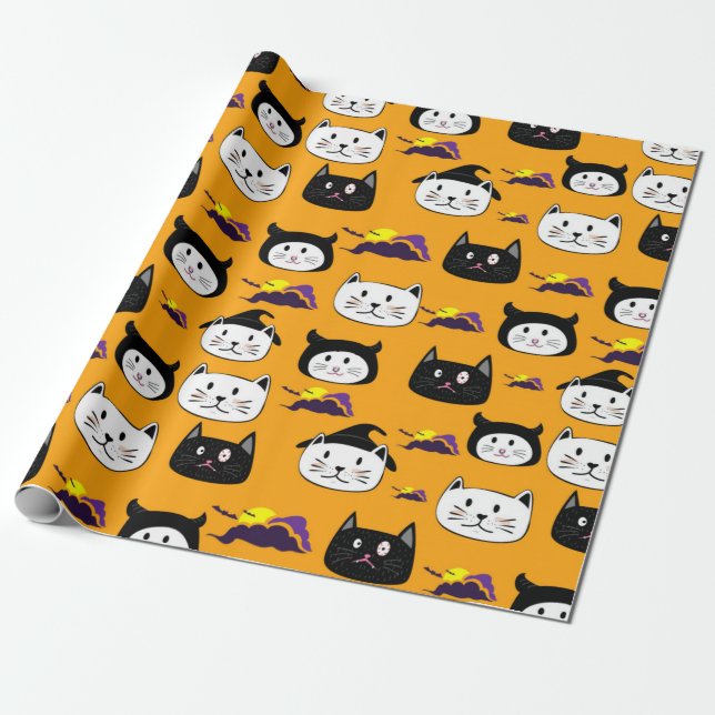 Cute Cat Face Halloween Pattern Wrapping Paper (Unrolled)