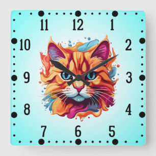 Cute Cat Face Multicolored Design  Square Wall Clock