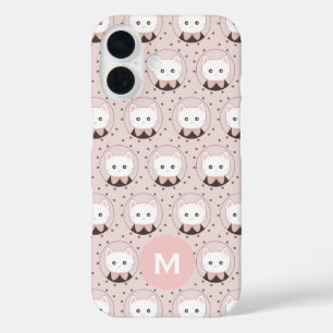 Cute Cat Face Pink Dotty Pattern Monogram iPhone 16 Case