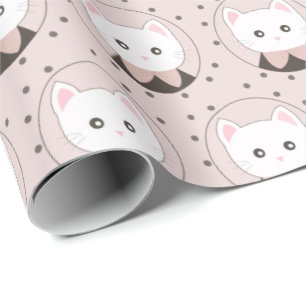 Cute Cat Face Pink Dotty Pattern Wrapping Paper