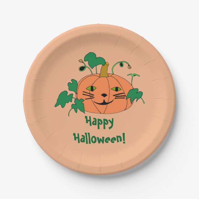 Cute Cat Face Pumpkin Happy Halloween Plates (Front)