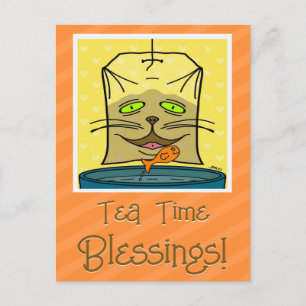 Cute Cat Face Tea Time Blessings Thinking Of You Postcard