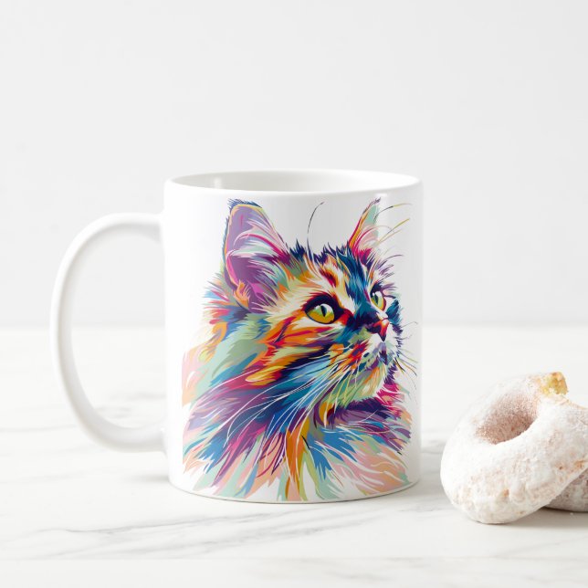 Cute Cat Face Vibrant Colours Coffee Mug (With Donut)