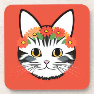 Cute Cat Face Vibrant Illustration Coaster