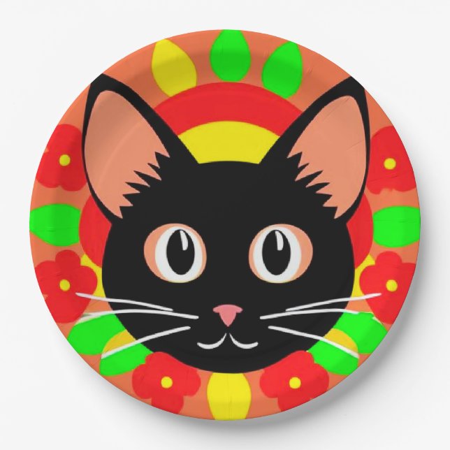 Cute Cat Face Vibrant Illustration Paper Plate (Front)