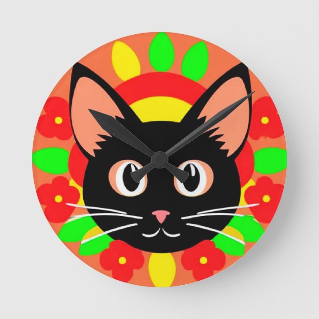 Cute Cat Face Vibrant Illustration Round Clock (Front)