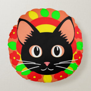 Cute Cat Face Vibrant Illustration Round Cushion