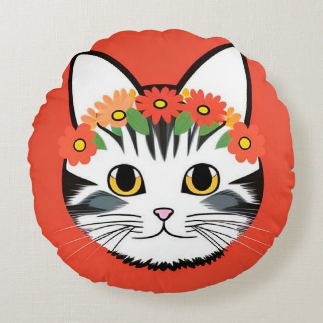Cute Cat Face Vibrant Illustration Round Cushion (Front)