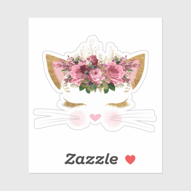 Cute Cat Face with Pink Flowers Vinyl (Sheet)
