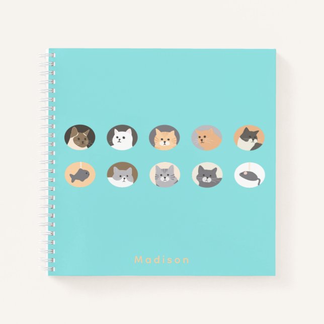 Cute Cat Faces Blue Spiral Notebook with Name (Front)