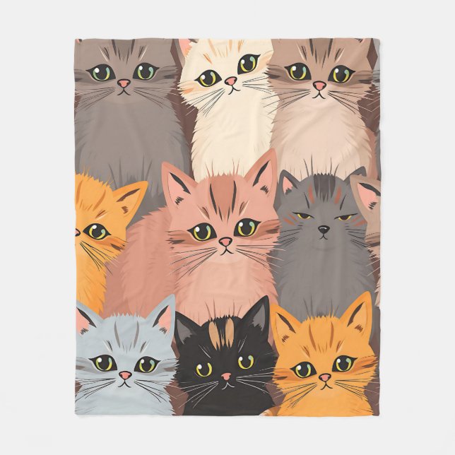 Cute Cat Faces Illustrated Pattern Fleece Blanket (Front)