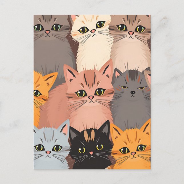 Cute Cat Faces Illustrated Pattern Postcard (Front)