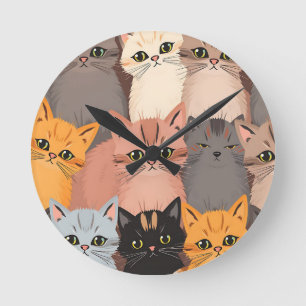 Cute Cat Faces Illustrated Pattern Round Clock