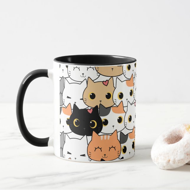 Cute Cat Faces – Kawaii Pattern Mug (With Donut)