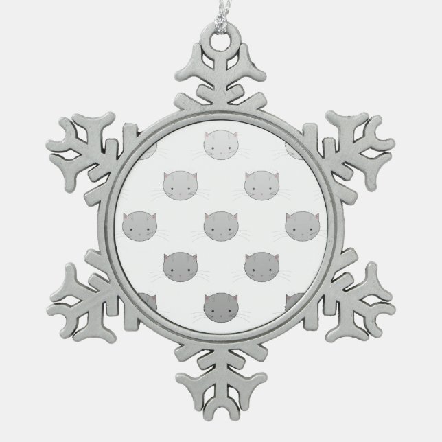 Cute Cat Faces Pattern Grey Snowflake Pewter Christmas Ornament (Front)