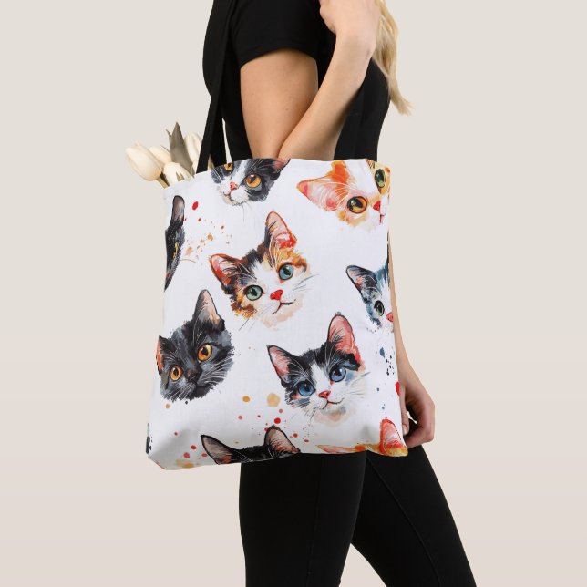 Cute Cat Faces Pattern Tote Bag Stylish & Durable (Close Up)