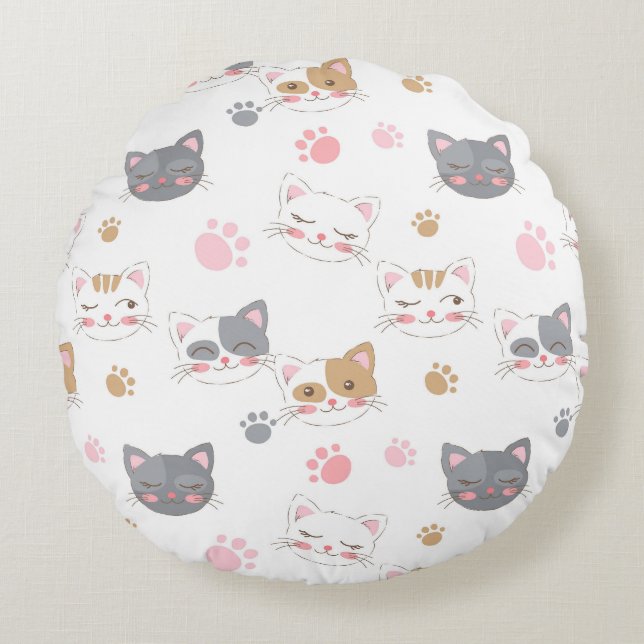 Cute cat faces smiling cats pattern round cushion (Front)