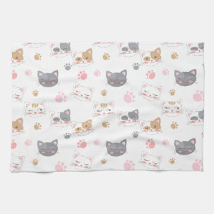 Cute cat faces smiling cats pattern tea towel
