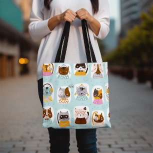 Cute Cat Faces Tote Bag, Colourful Pet Tote Bag