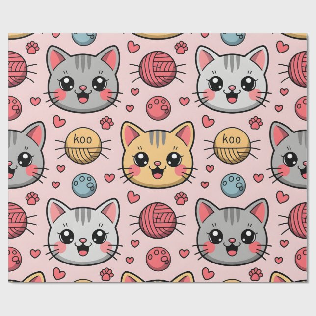 Cute Cat Faces Wrapping Paper – Kawaii Kitty Gift  (Flat)