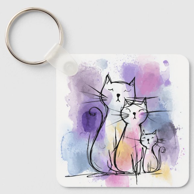 Cute Cat Family Aluminium Square Keychain Gift (Front)