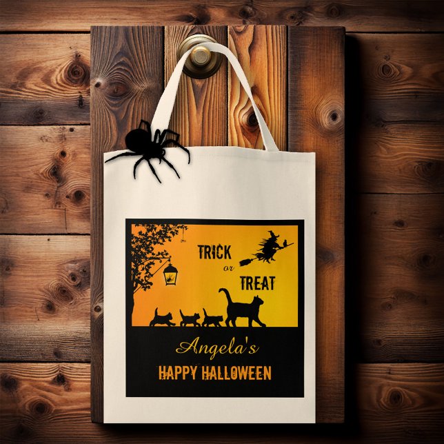 Cute Cat Family Halloween Treats Bag (Fun Halloween treats bag featuring a cute cat family on a spooky night with a witch)