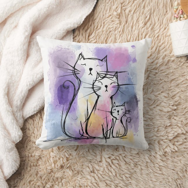 Cute Cat Family Sketch Throw Pillow Gift (Blanket)