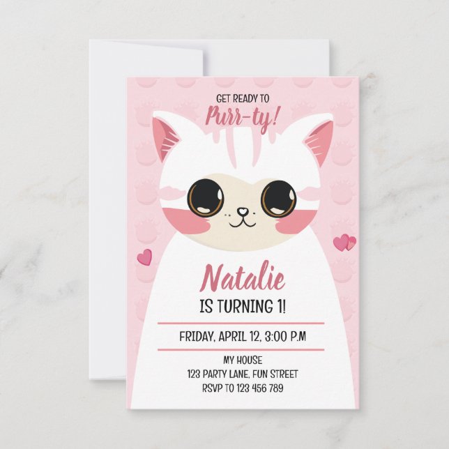Cute cat first birthday  announcement (Front)